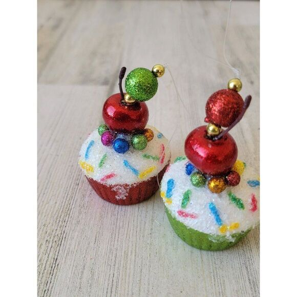Glitter Sparkle Cherry cupcake bakery set ornament Xmas decor - Picture 3 of 7